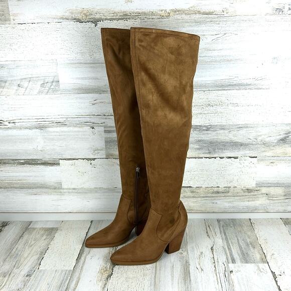 Marc Fisher Women’s 5 Tan Garalyn Suede Over-the-Knee Boots Block Heel NEW - Picture 1 of 9
